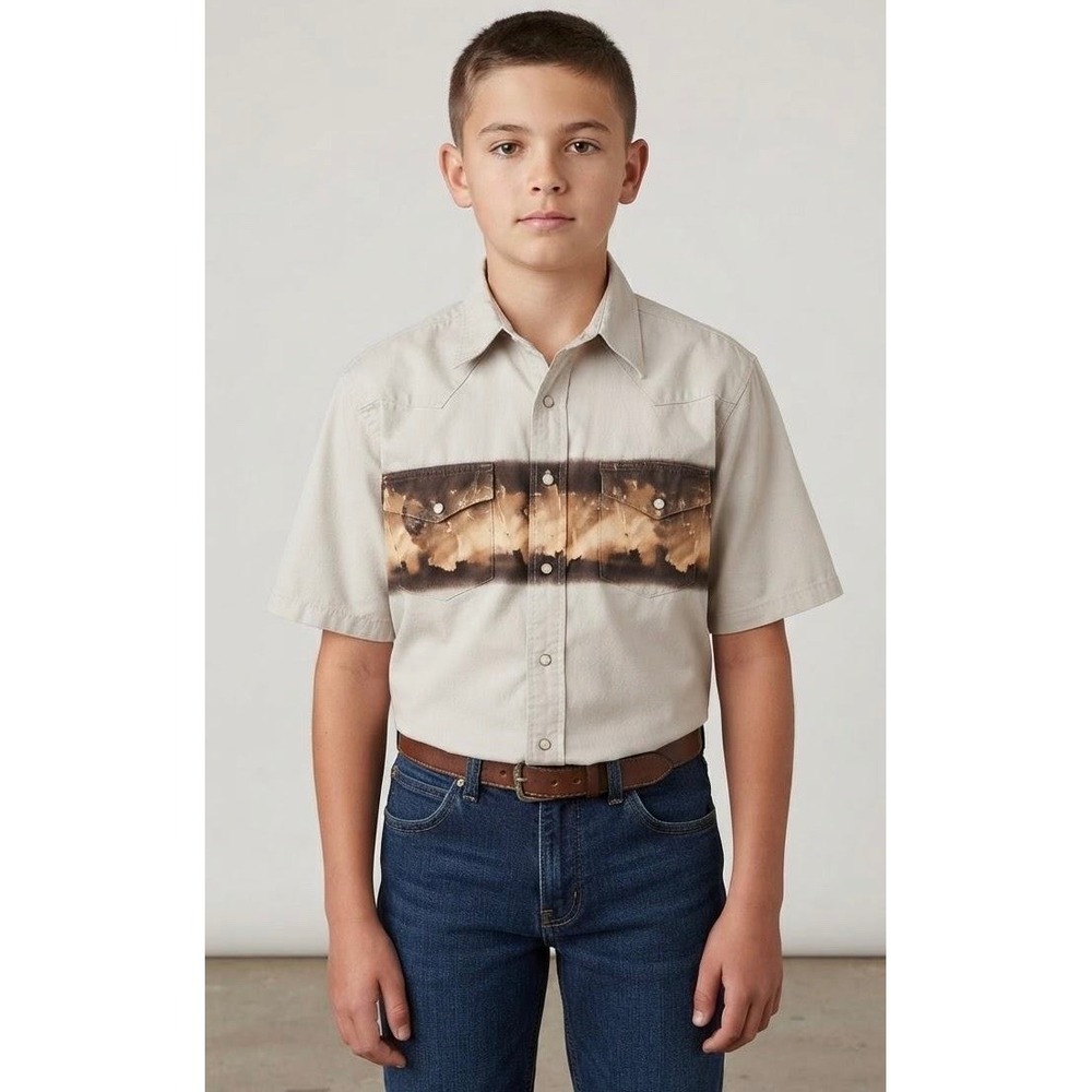 Vintage Wrangler Boys Western Shirt XL 14-16 Tan Horse Graphic Snap Front Cowboy
